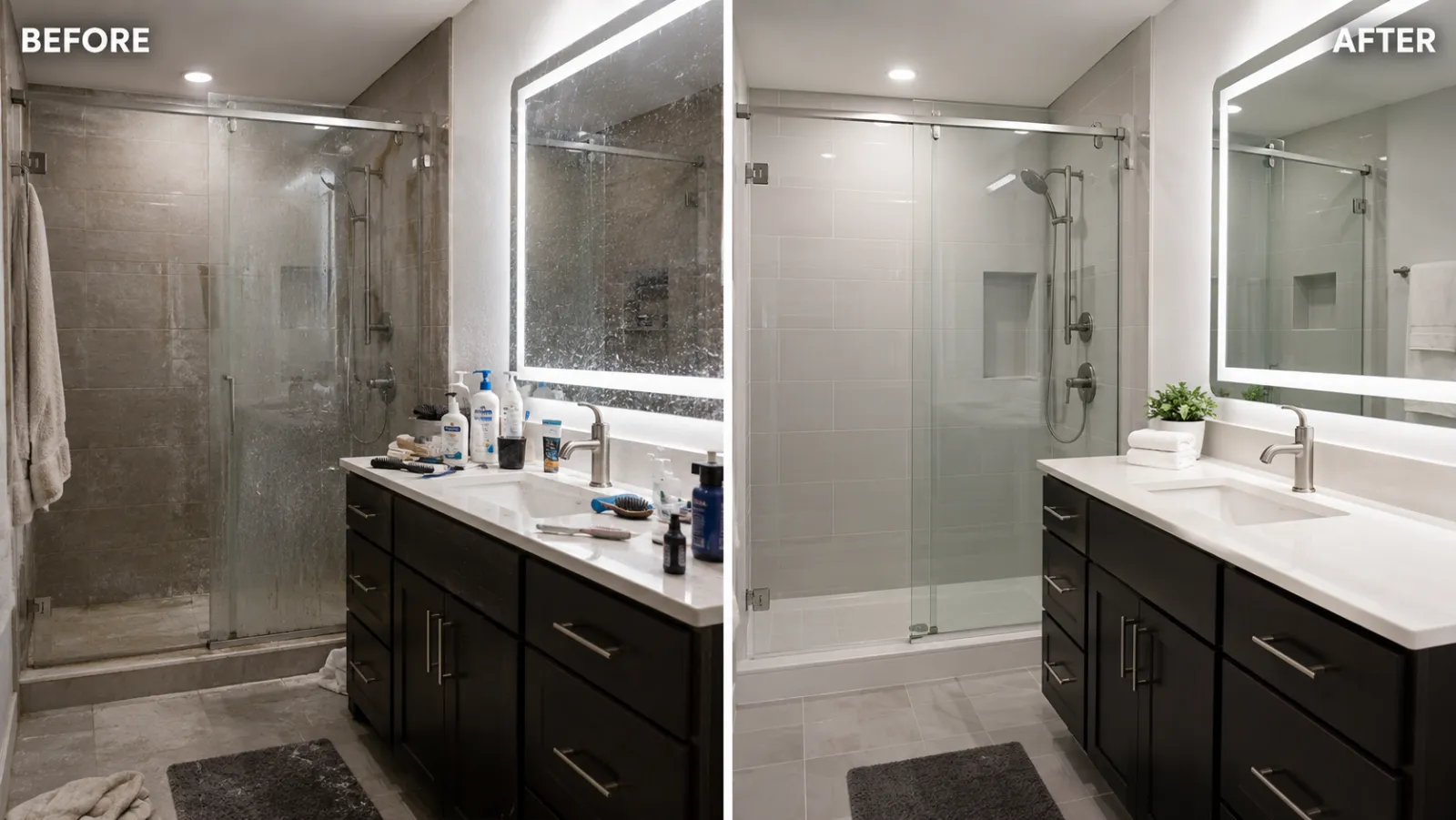 Before and after deep clean bathroom transformation by Pro Shine Elite